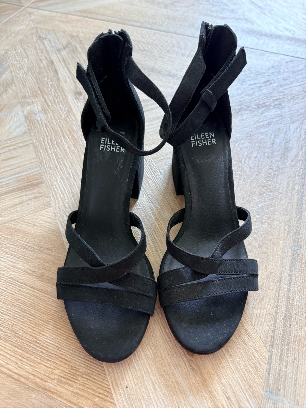 Eileen Fisher Noni Strappy Leather Block Heel Sandals Black Size 6 Neutral Party